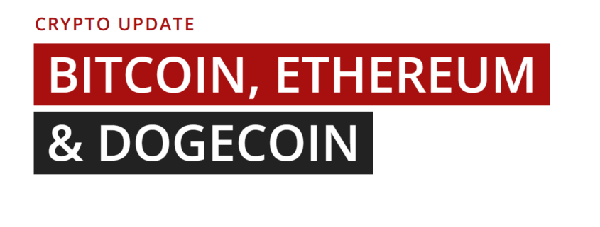 Title card: crypto update on Bitcoin, Ethereum and Dogecoin, Synapse Trading