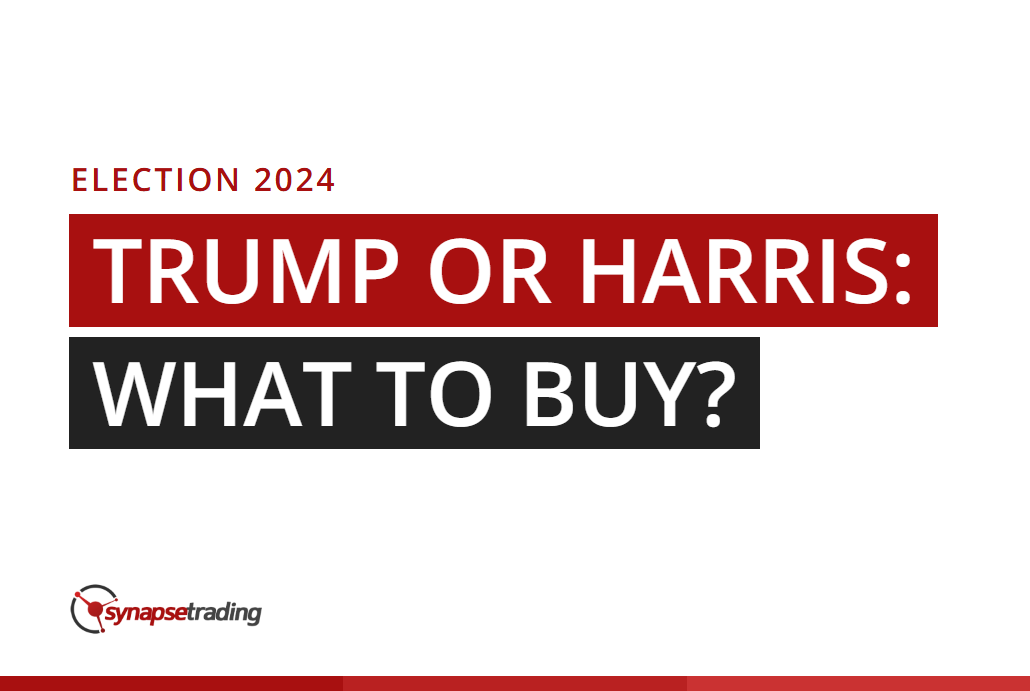 Title card: US election 2024, Trump or Harris, what to buy, Synapse Trading