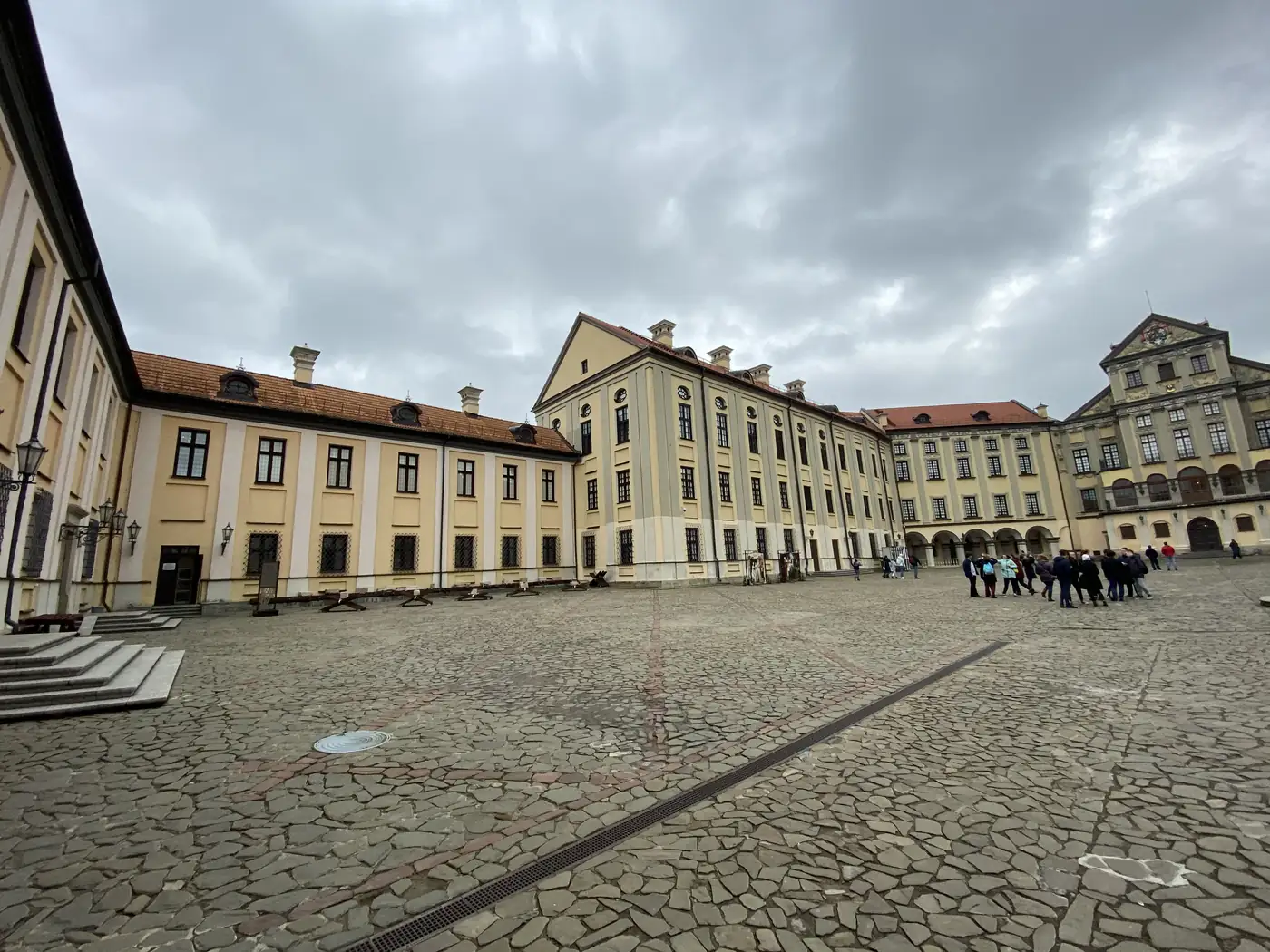 The cobbled courtyard of Nesvizh Castle, seat of the Radziwill family