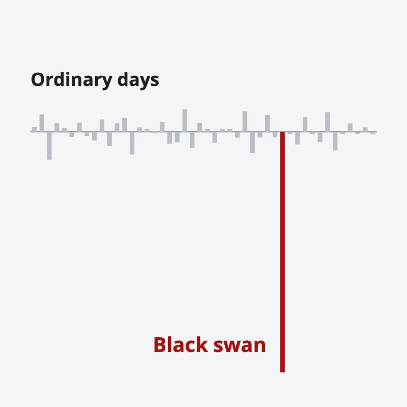 A row of small grey daily moves and one huge red drop, the black swan, that dwarfs them all