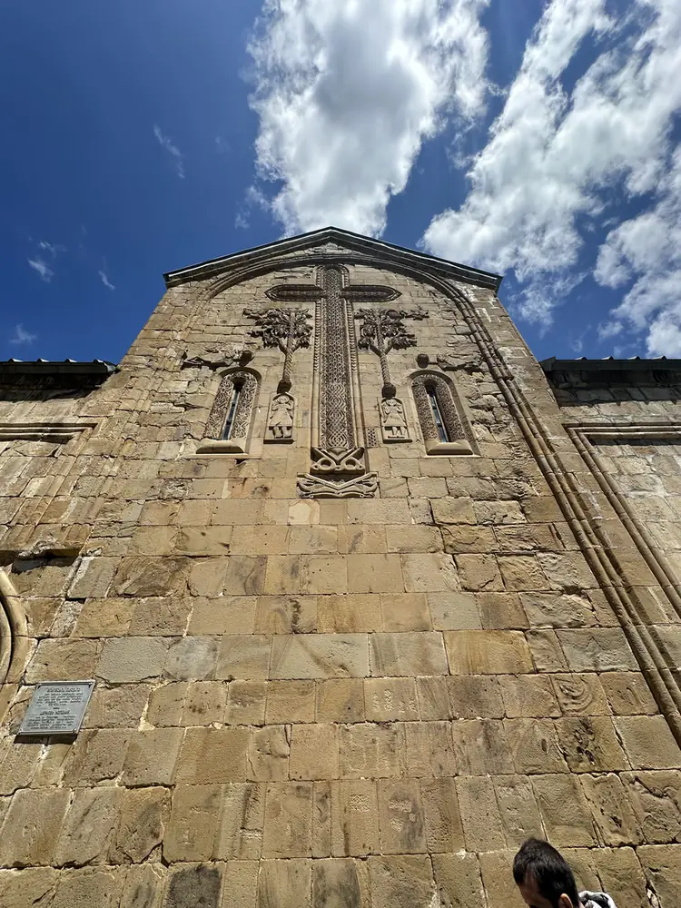 Carved stone church wall at Ananuri fortress on the Georgian Military Road