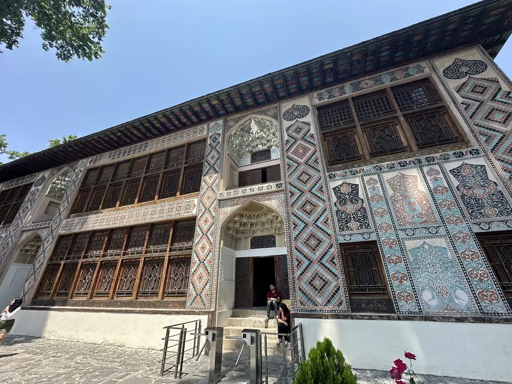 Tiled facade and shebeke windows of the Palace of the Sheki Khans