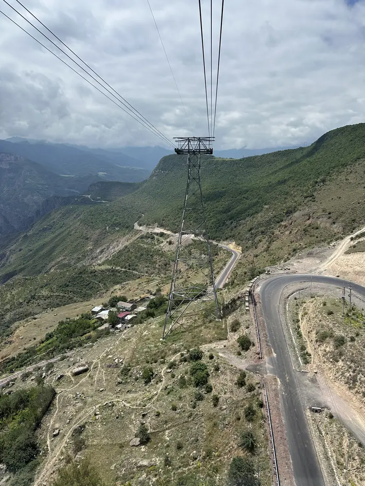 Wings of Tatev cable car pylon above the gorge in southern Armenia
