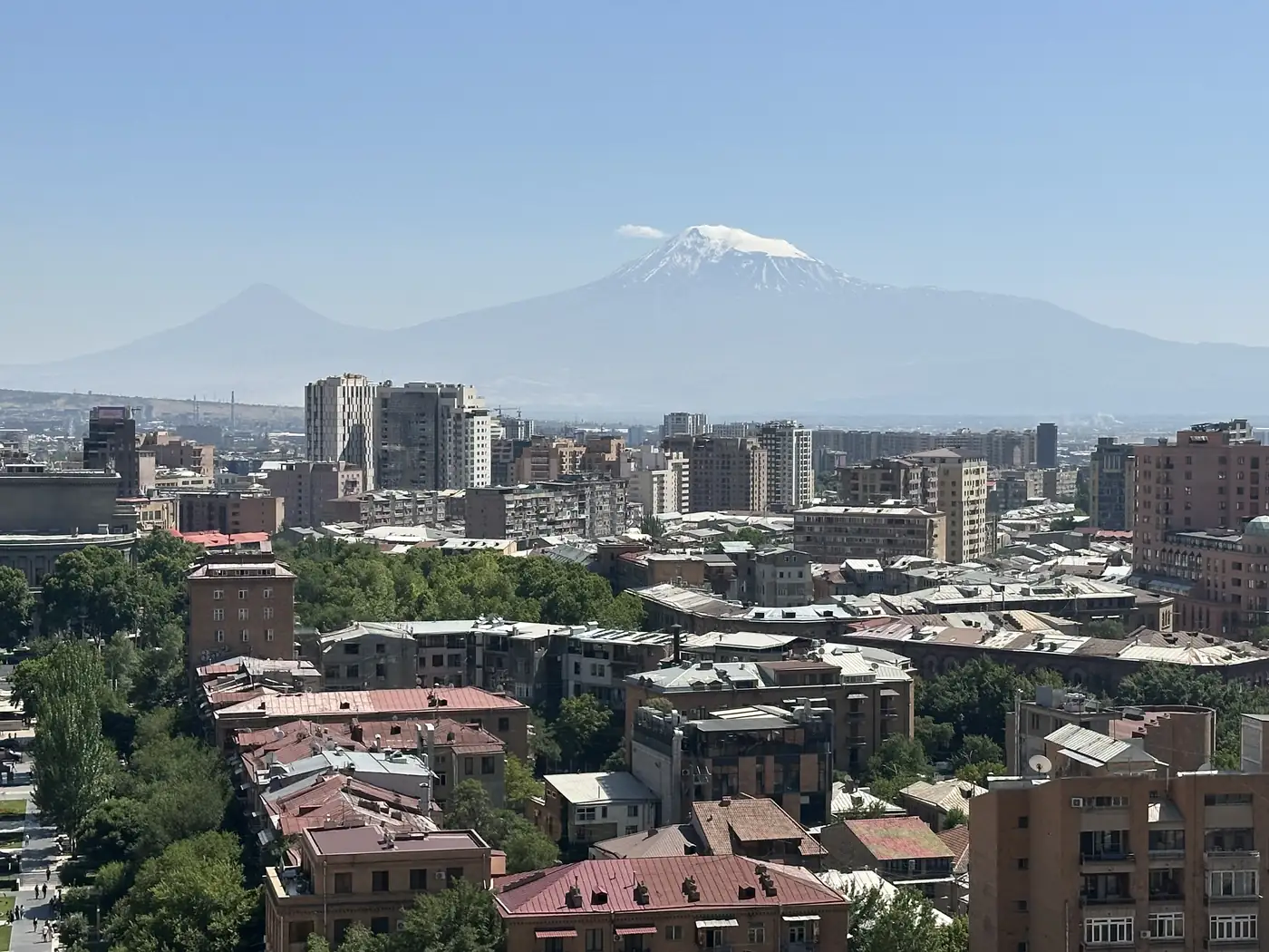 Yerevan rooftops with Mount Ararat behind, seen from the Cascade