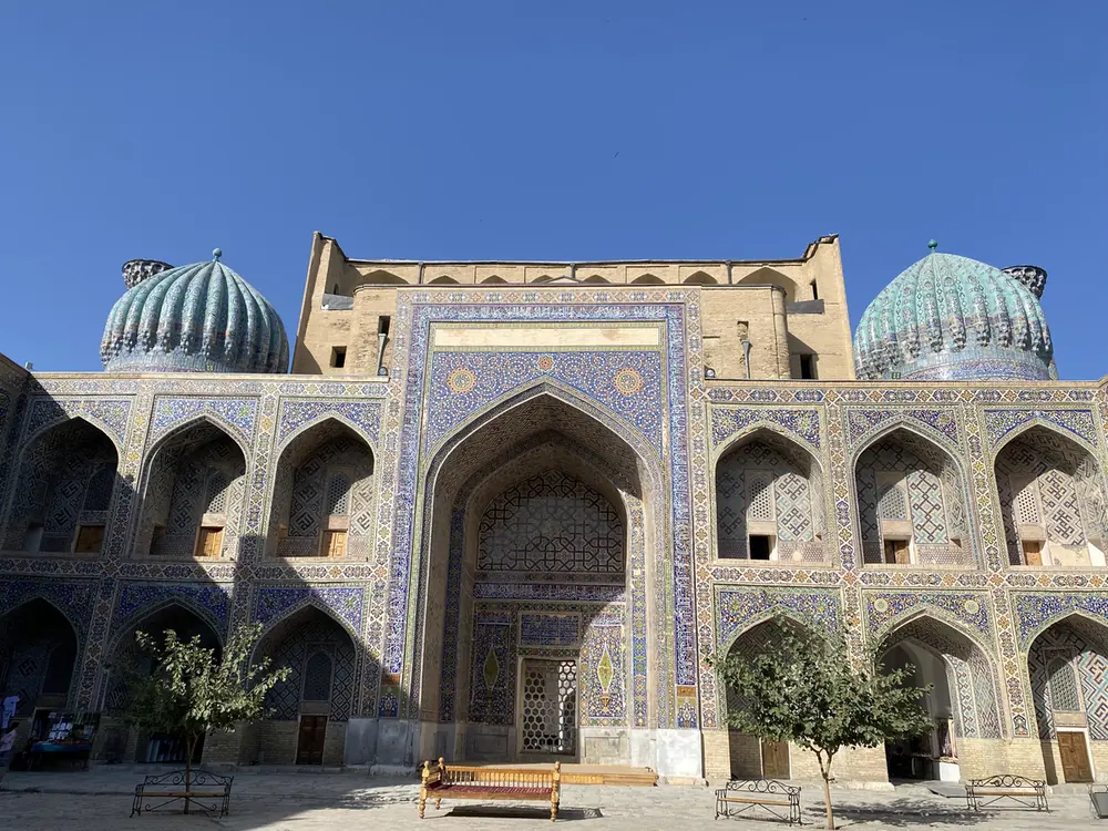 Tiled facade of a madrasa on the Registan in Samarkand