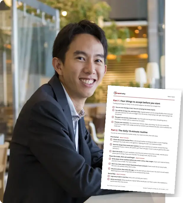 Spencer Li with a page from the 15-Minute Swing Trader's Checklist