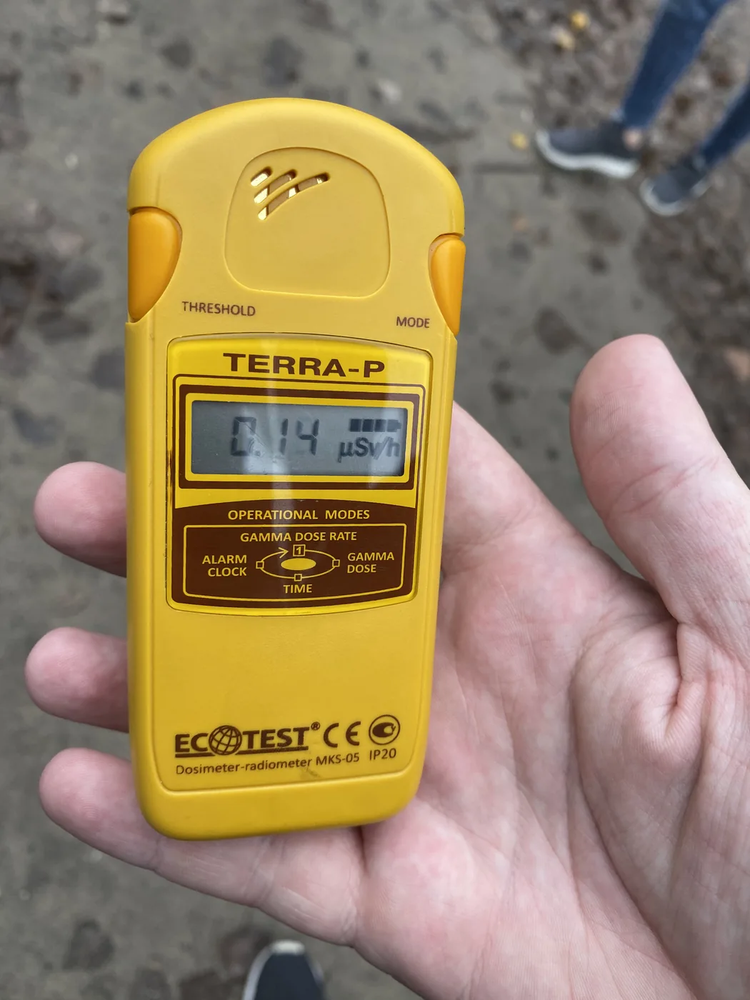 A Terra-P dosimeter reading 0.14 microsieverts an hour in Chernobyl town