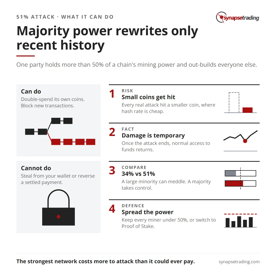 Majority power rewrites only recent history. Summary card for the post: What is a Crypto Blockchain 51% Attack? (Compared to 34% Attack?).