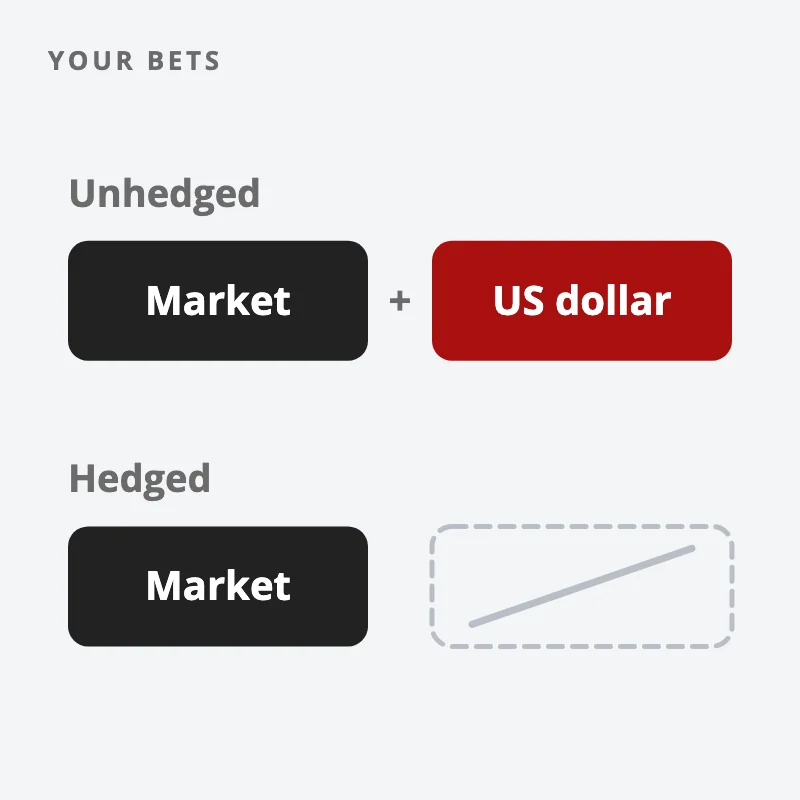 Unhedged: two bets, the market plus the US dollar. Hedged: the market bet alone, with the dollar bet struck out