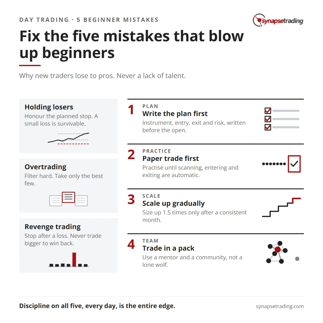 Fix the five mistakes that blow up beginners. Summary card for the post: 5 Biggest Day Trading Mistakes that Beginners Make.