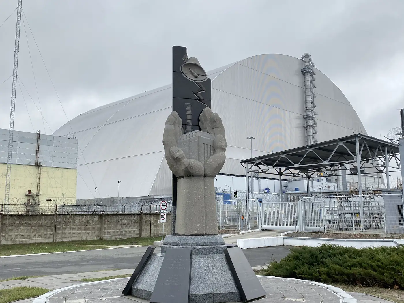 Chernobyl's Reactor 4 under its new arch, with the memorial