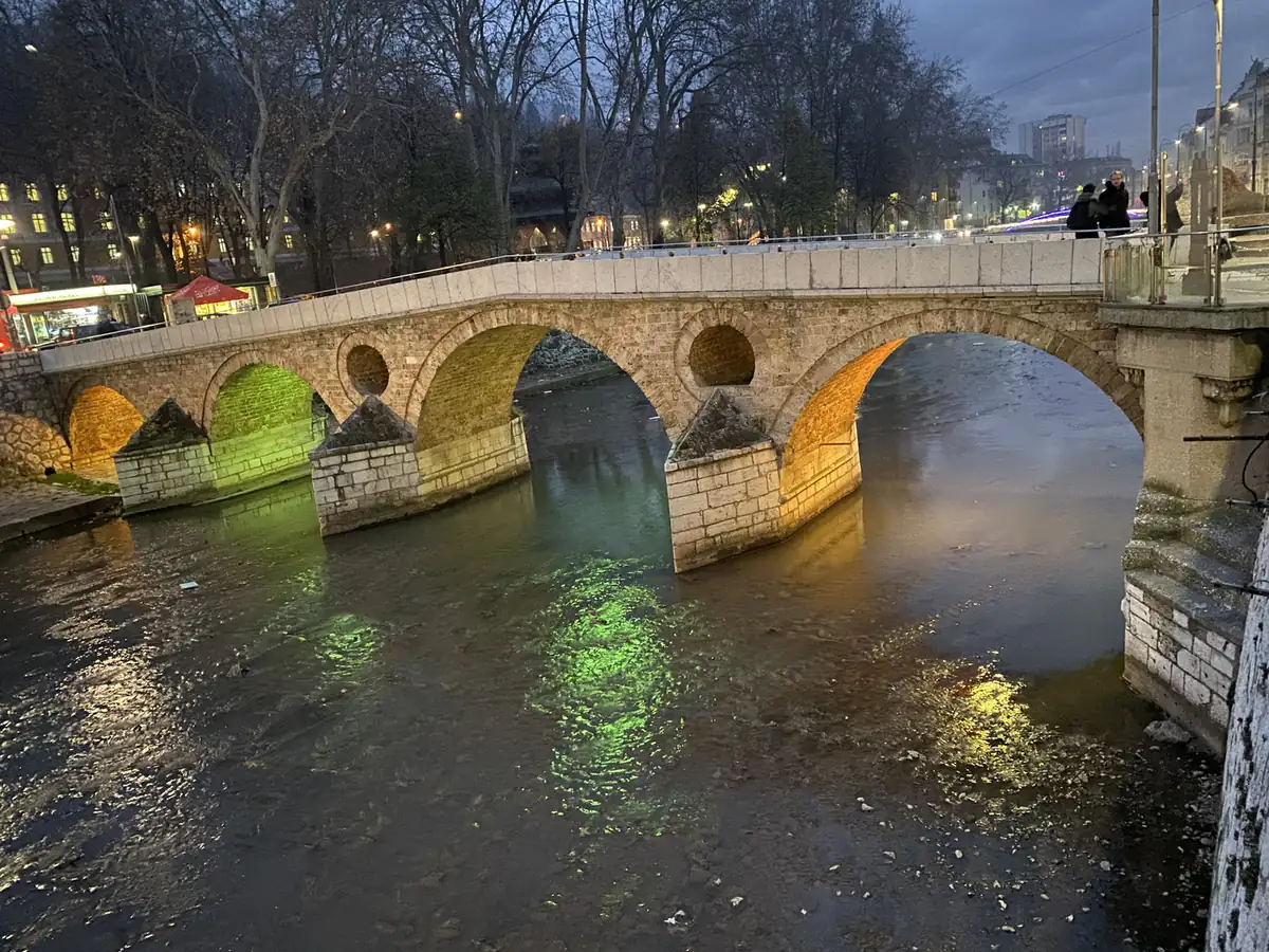 The Latin Bridge lit at dusk, Sarajevo
