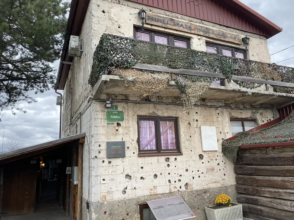 The shell-marked house at the Tunnel of Hope, Sarajevo