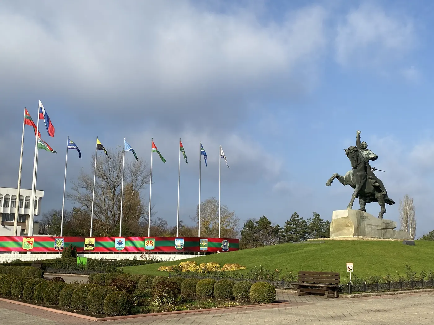 The Suvorov statue and a row of flags, Tiraspol