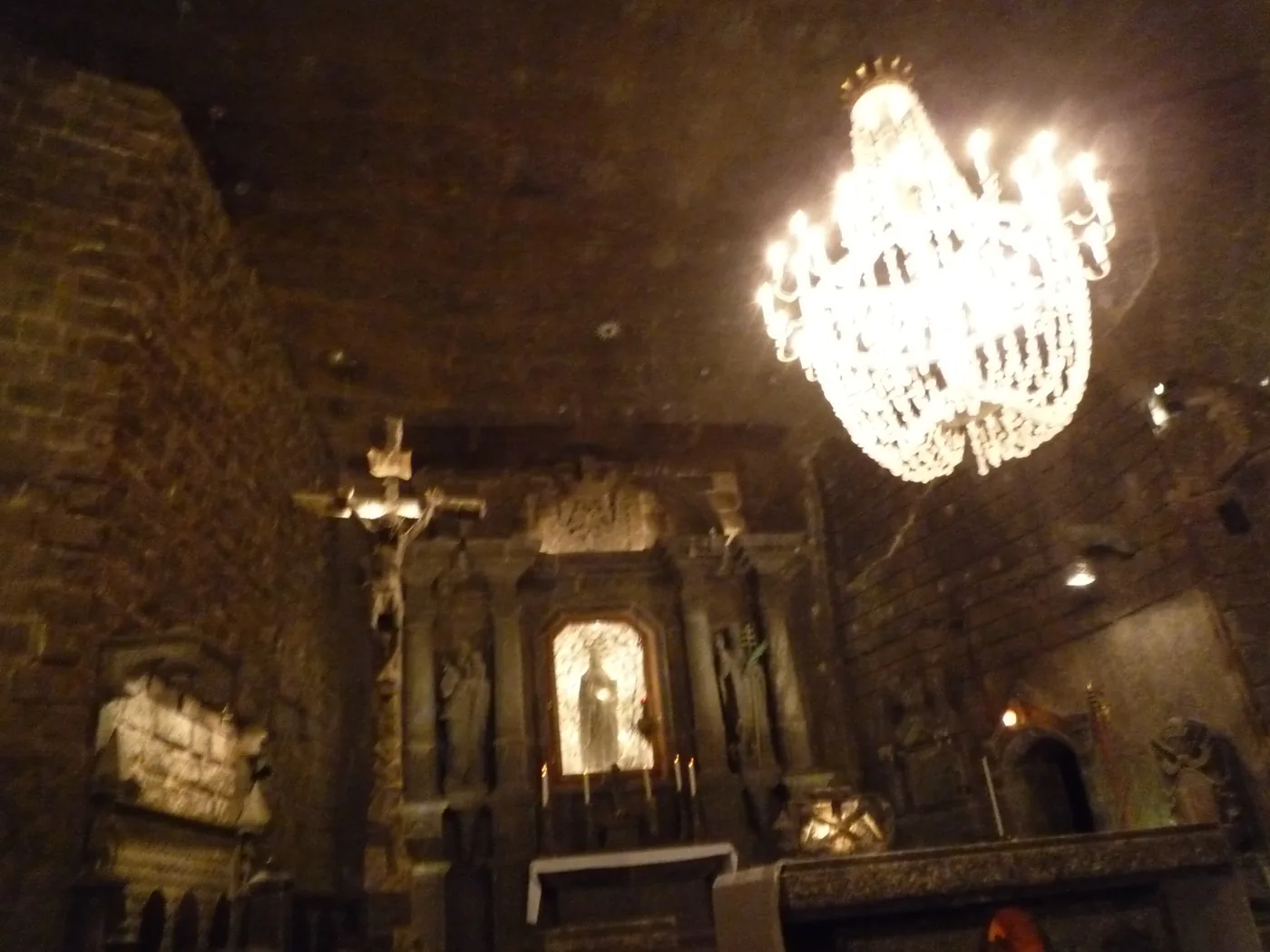 The chandelier and altar of St Kinga's Chapel, Wieliczka