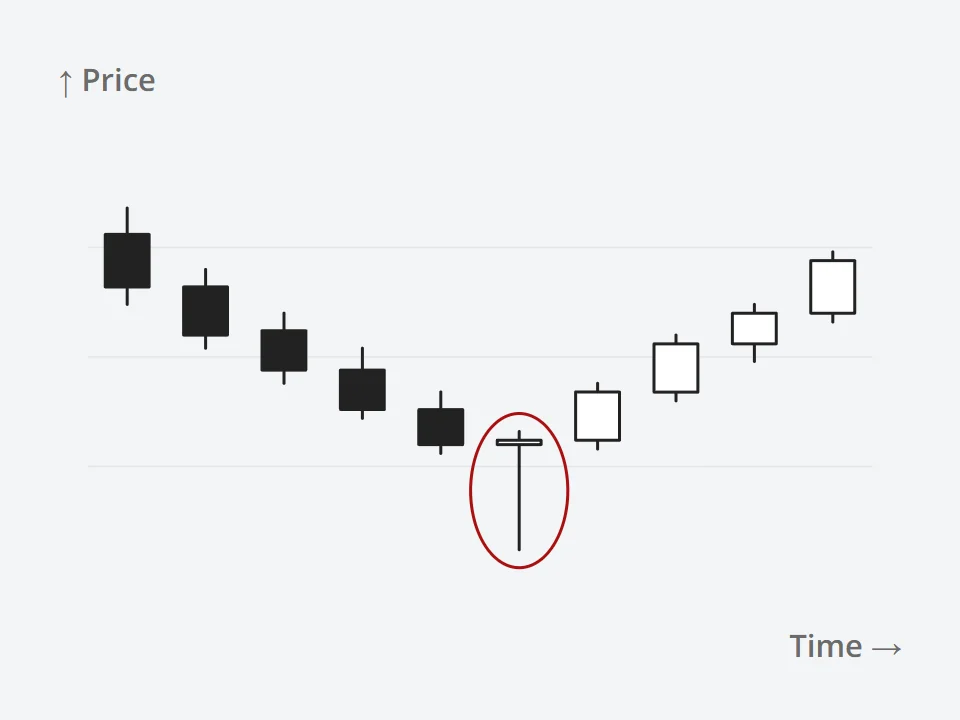 Chart: a run of falling candles ends in a hammer, circled, before price turns up