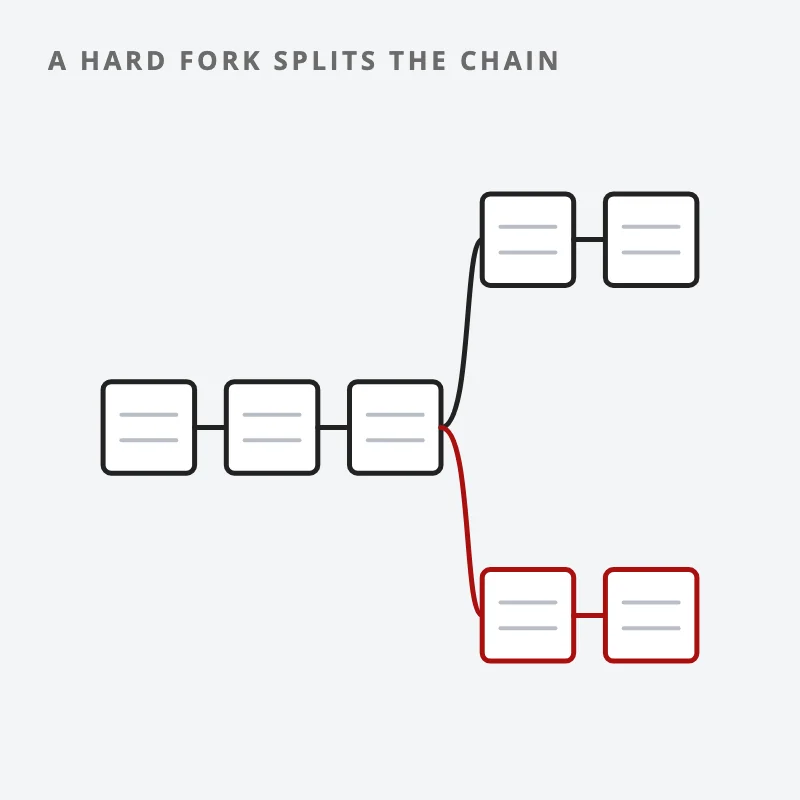 Drawing: a chain of blocks that splits in two at one block, a hard fork