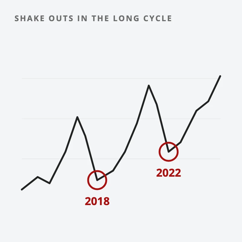 Chart: a long rising wave with two shake outs marked, in 2018 and 2022