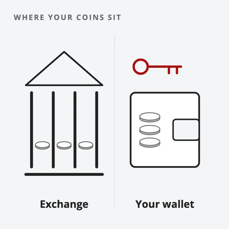 Drawing: two places to keep coins: on an exchange, or in your own wallet, which only its key opens