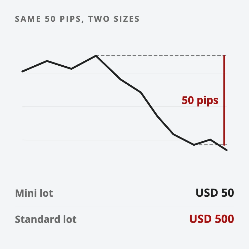 Chart: one price fall of 50 pips, which costs USD 50 on a mini lot and USD 500 on a standard lot