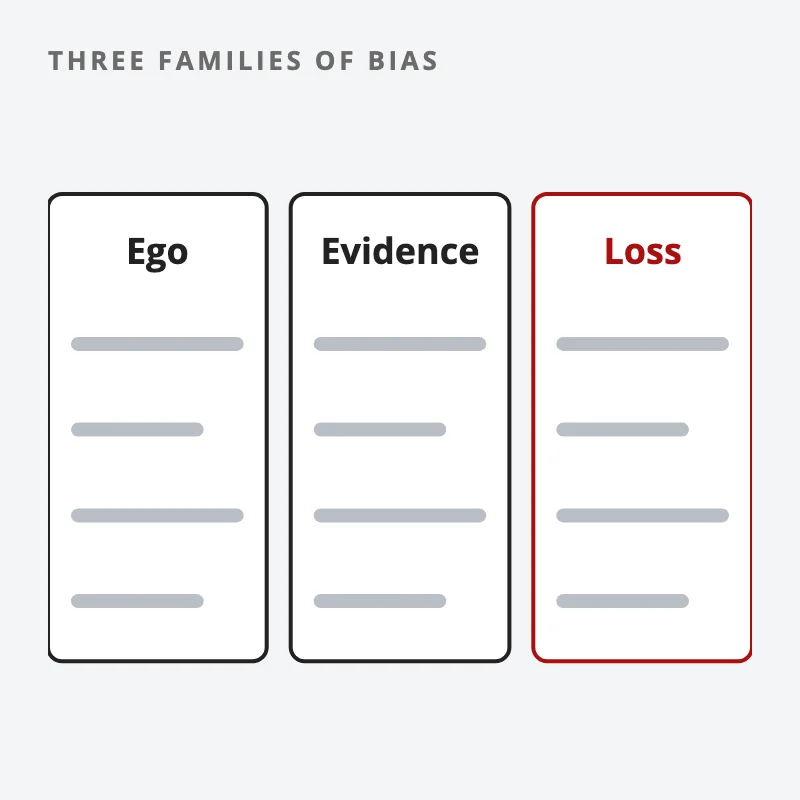 Drawing: three groups of bias labelled Ego, Evidence and Loss, four marks in each