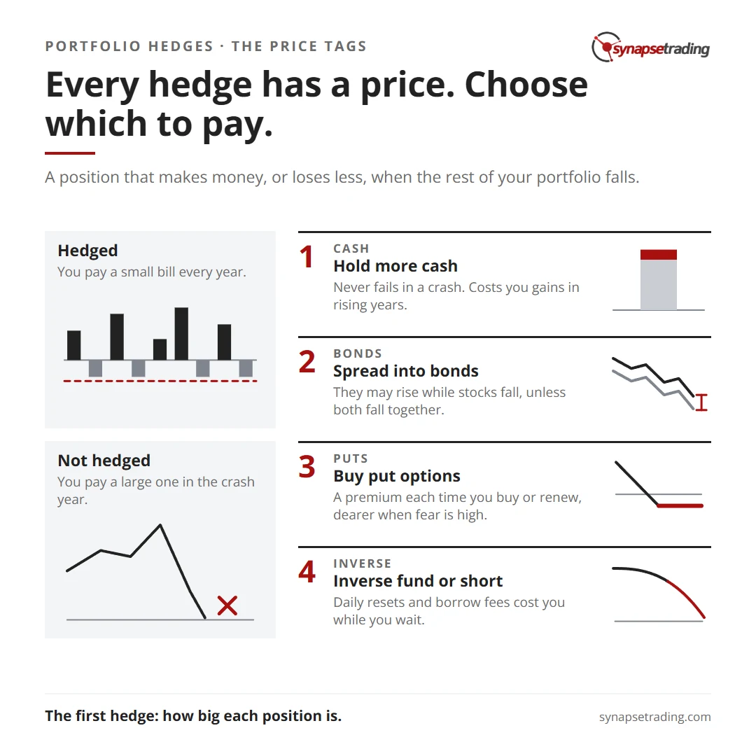 Every hedge has a price. Choose which to pay. Summary card for the post: How to Hedge Your Portfolio Against a Market Crash, and What Each Hedge Costs.