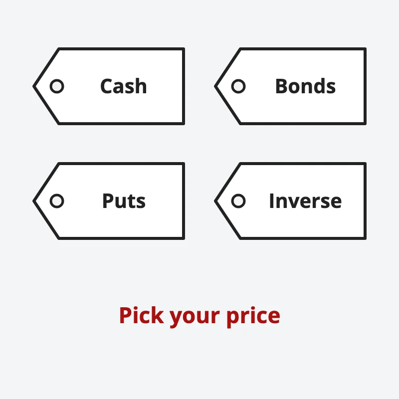 Four price tags, one each for cash, bonds, put options and inverse positions: every hedge costs something, so pick the price you would rather pay