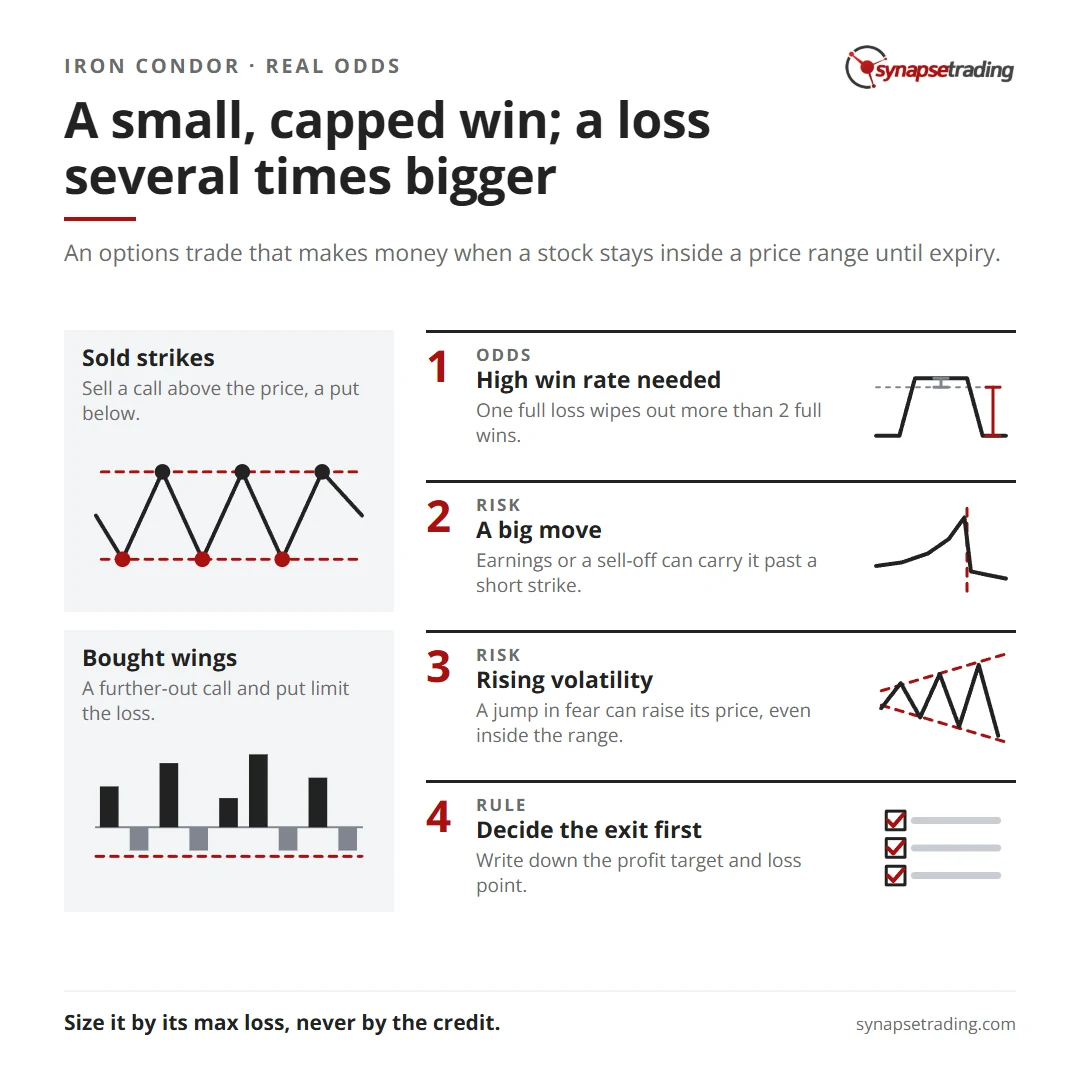 A small, capped win; a loss several times bigger. Summary card for the post: Iron Condor Strategy: How It Works, the Real Odds, and What Goes Wrong.