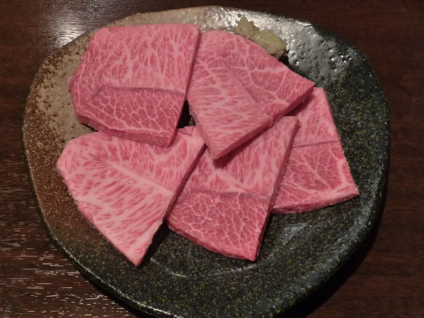 A plate of marbled Kobe beef