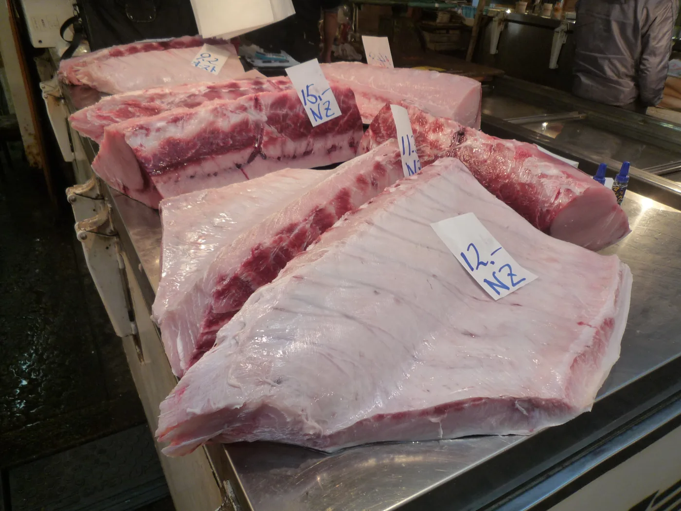 Tuna loins on a stall at the old Tsukiji market