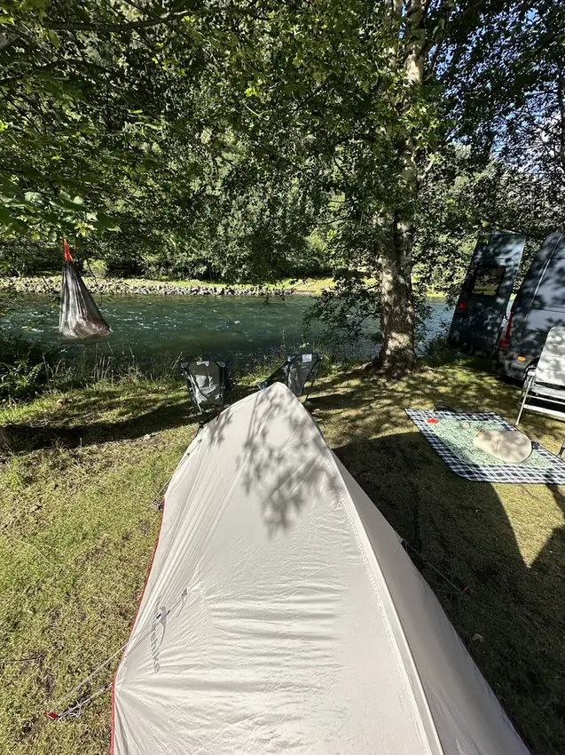 Our tent by the river at the Aurland campsite