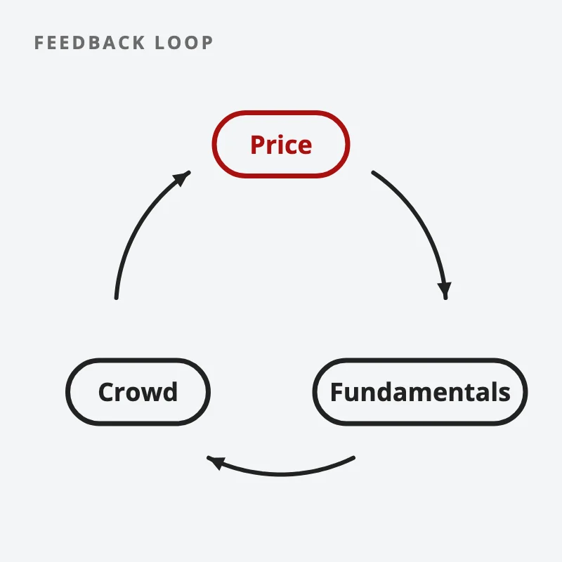 A loop of three boxes, price, fundamentals and crowd, with arrows running from each to the next and back to price
