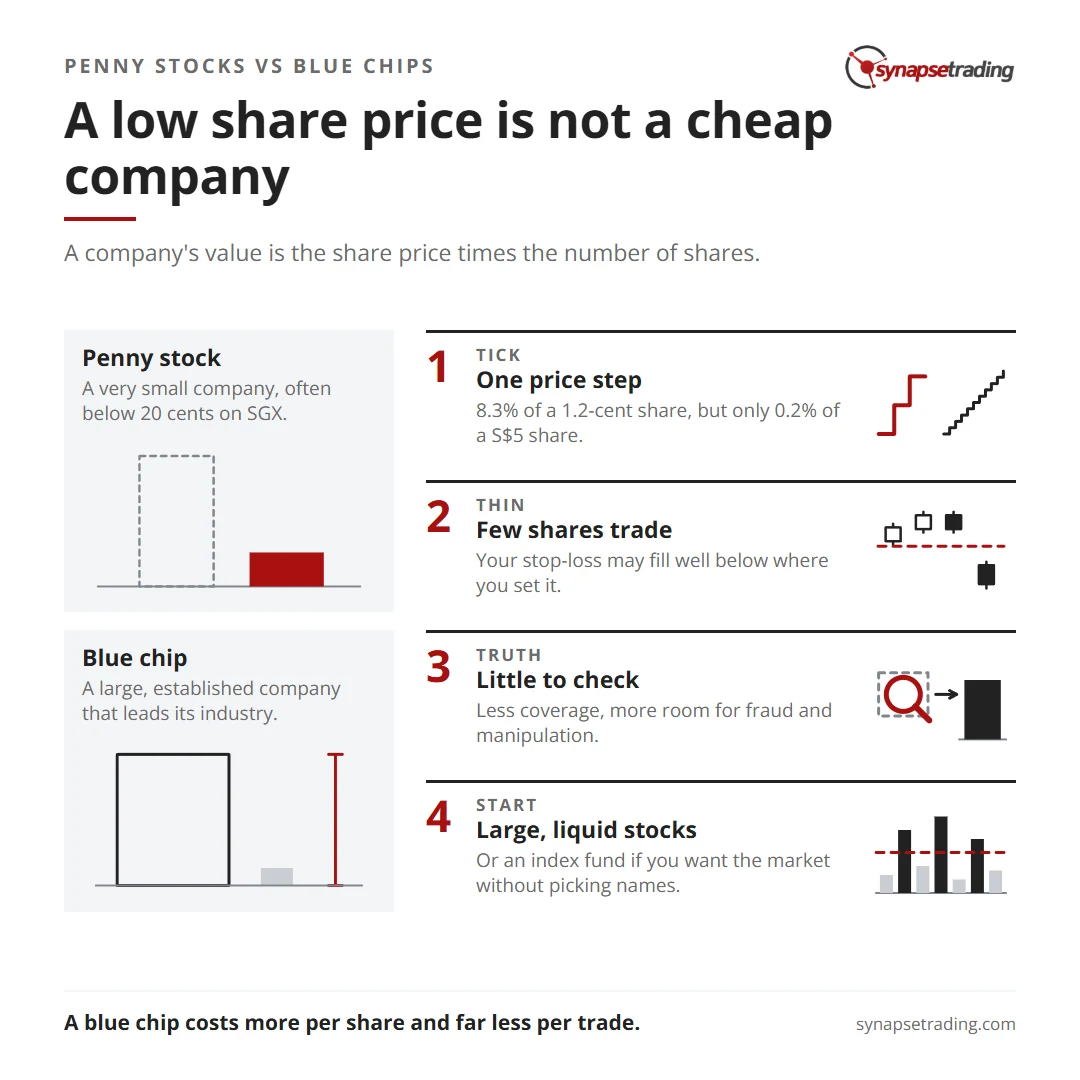A low share price is not a cheap company. Summary card for the post: Penny Stocks vs Blue Chips: What the Low Price Really Costs You.