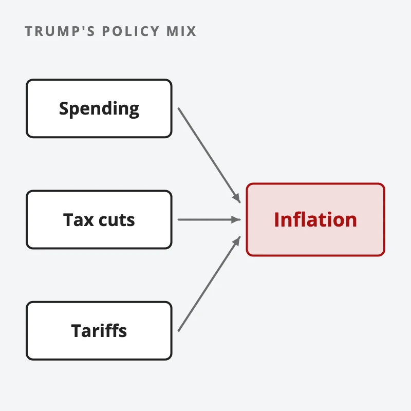 Three boxes, spending, tax cuts and tariffs, each with an arrow into one red box labelled inflation