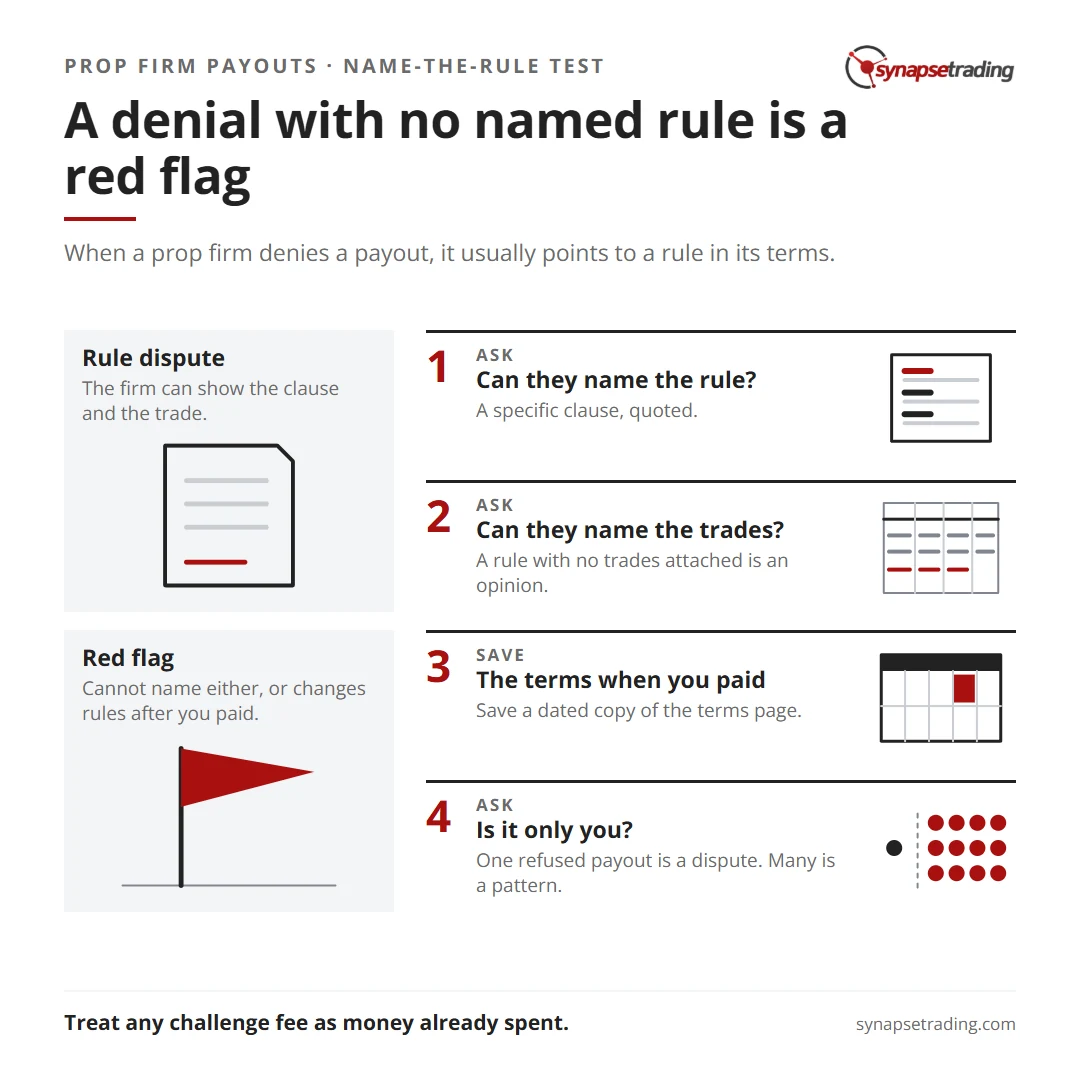 A denial with no named rule is a red flag. Summary card for the post: Prop Firm Payout Denied? The Rules Behind It, and When It Is a Scam.