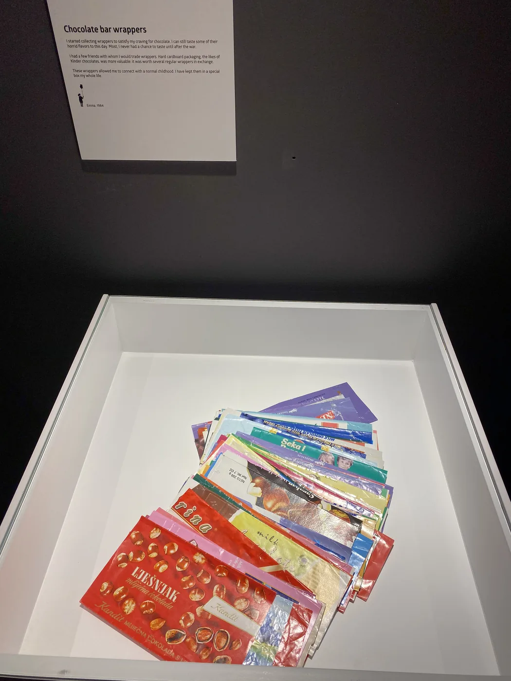 Wartime chocolate bar wrappers on display at the War Childhood Museum, Sarajevo