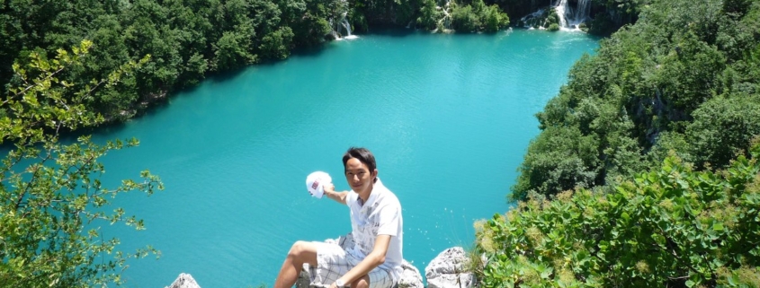 Spencer Li above the turquoise lake at Plitvice, Croatia