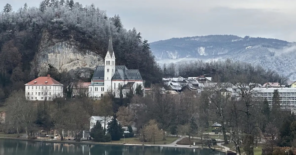 Lake Bled and its church in winter, Slovenia