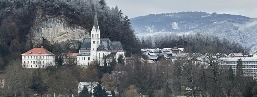Lake Bled and its church in winter, Slovenia