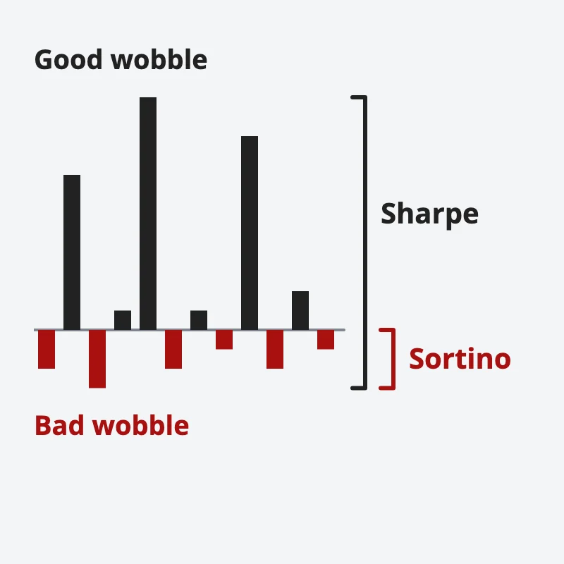 Monthly return bars around zero: swings above are good wobble, swings below are bad wobble; Sharpe measures both, Sortino only the bad