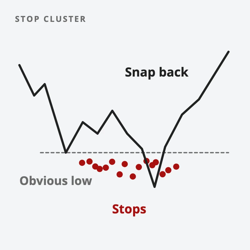 Price dips just below an obvious low where many stop orders sit, fills them, then snaps back higher