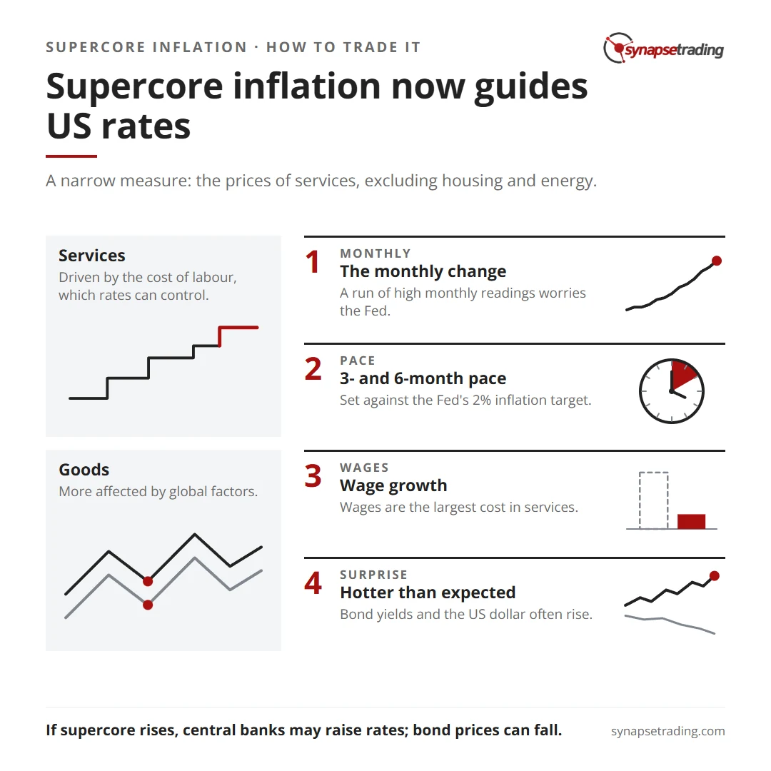 Supercore inflation now guides US rates. Summary card for the post: What is Supercore Inflation and How to Trade it?.