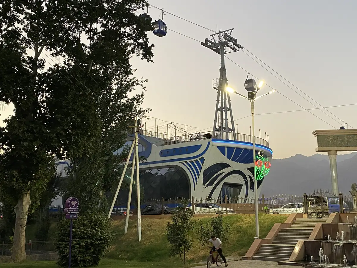 The cable car over the Syr Darya in Khujand at dusk