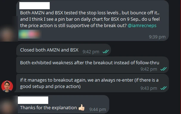 A Daily Trading Signals Telegram thread, September 2025: a member asks whether AMZN and BSX still hold their breakouts, Spencer Li posts that he closed both and explains why
