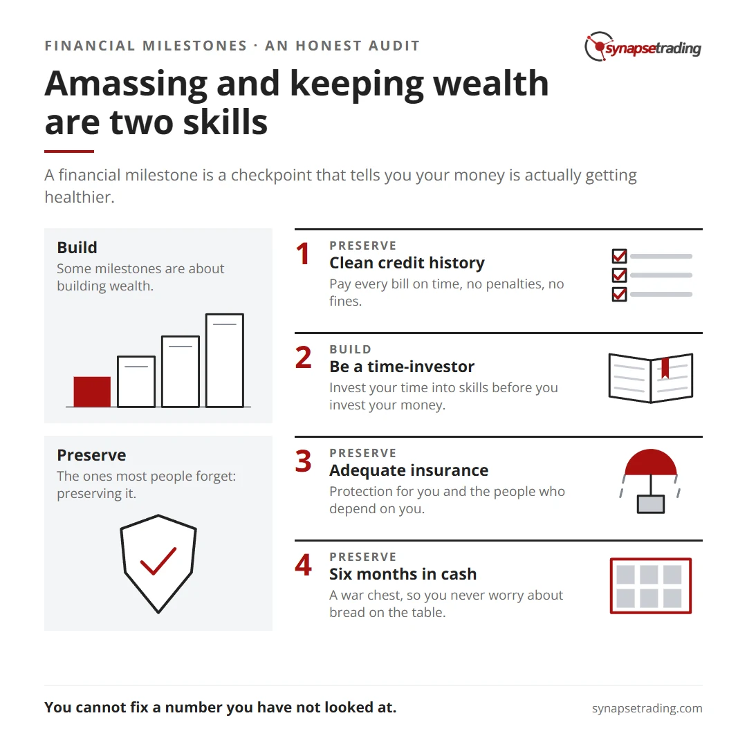 Amassing and keeping wealth are two skills. Summary card for the post: The 10 Financial Milestones that Everyone Needs to Aim For.