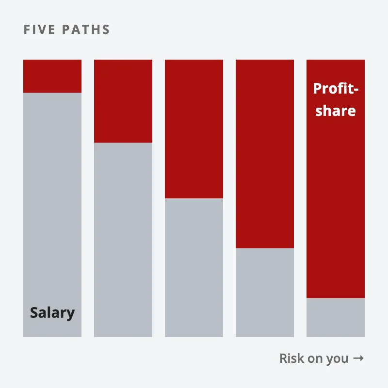 Five columns for five career paths: from left to right the salary part shrinks and the red profit-share part grows as the risk moves onto you