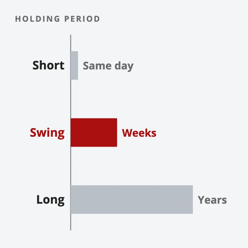 Bars for the three trading styles by holding period: short-term closes the same day, swing holds for weeks (highlighted), long-term holds for years