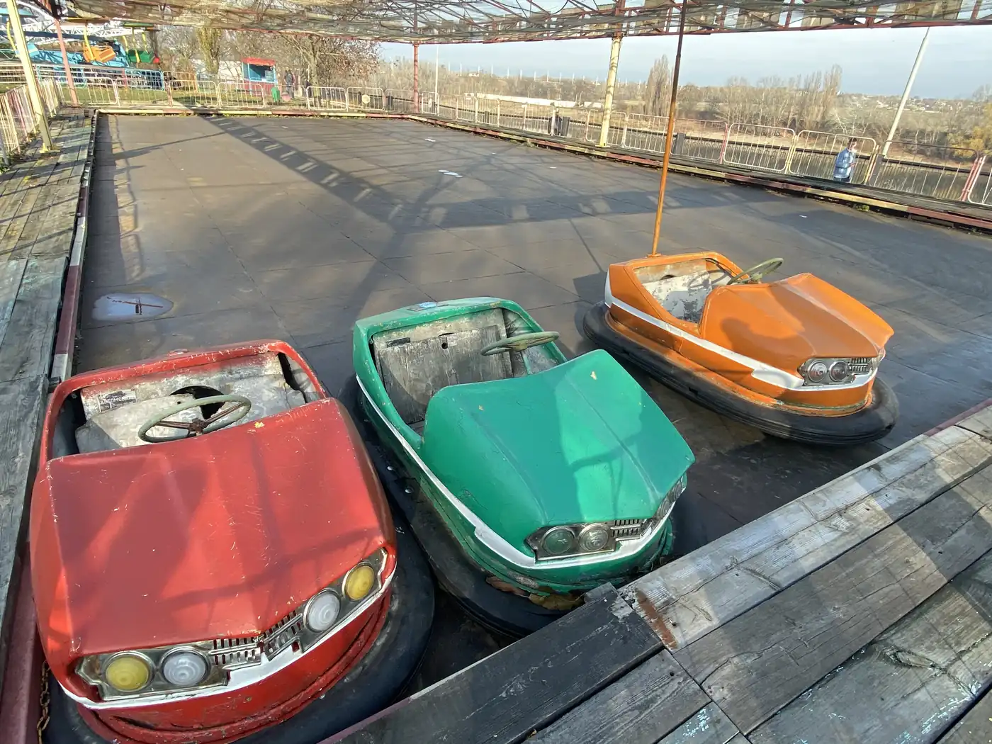 Faded bumper cars at the Bender amusement park