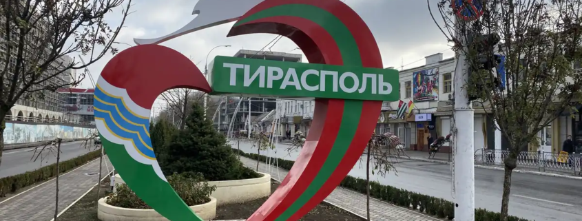 Red and green Tiraspol city sign in Transnistria