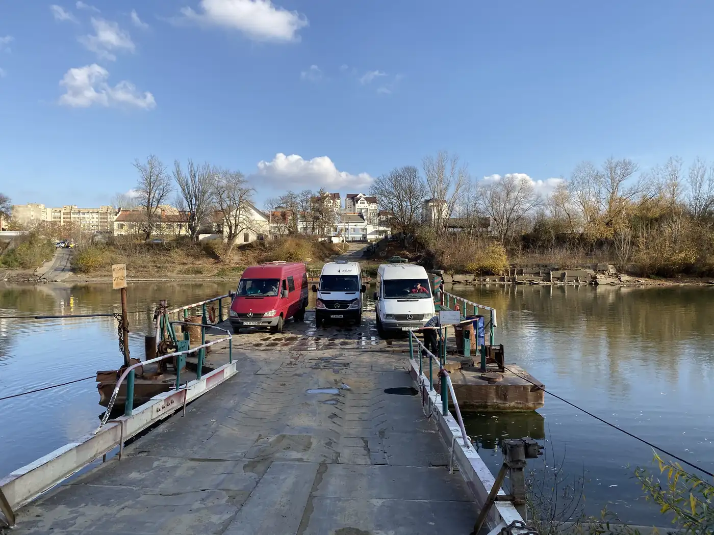 Small car ferry crossing the Dniester River